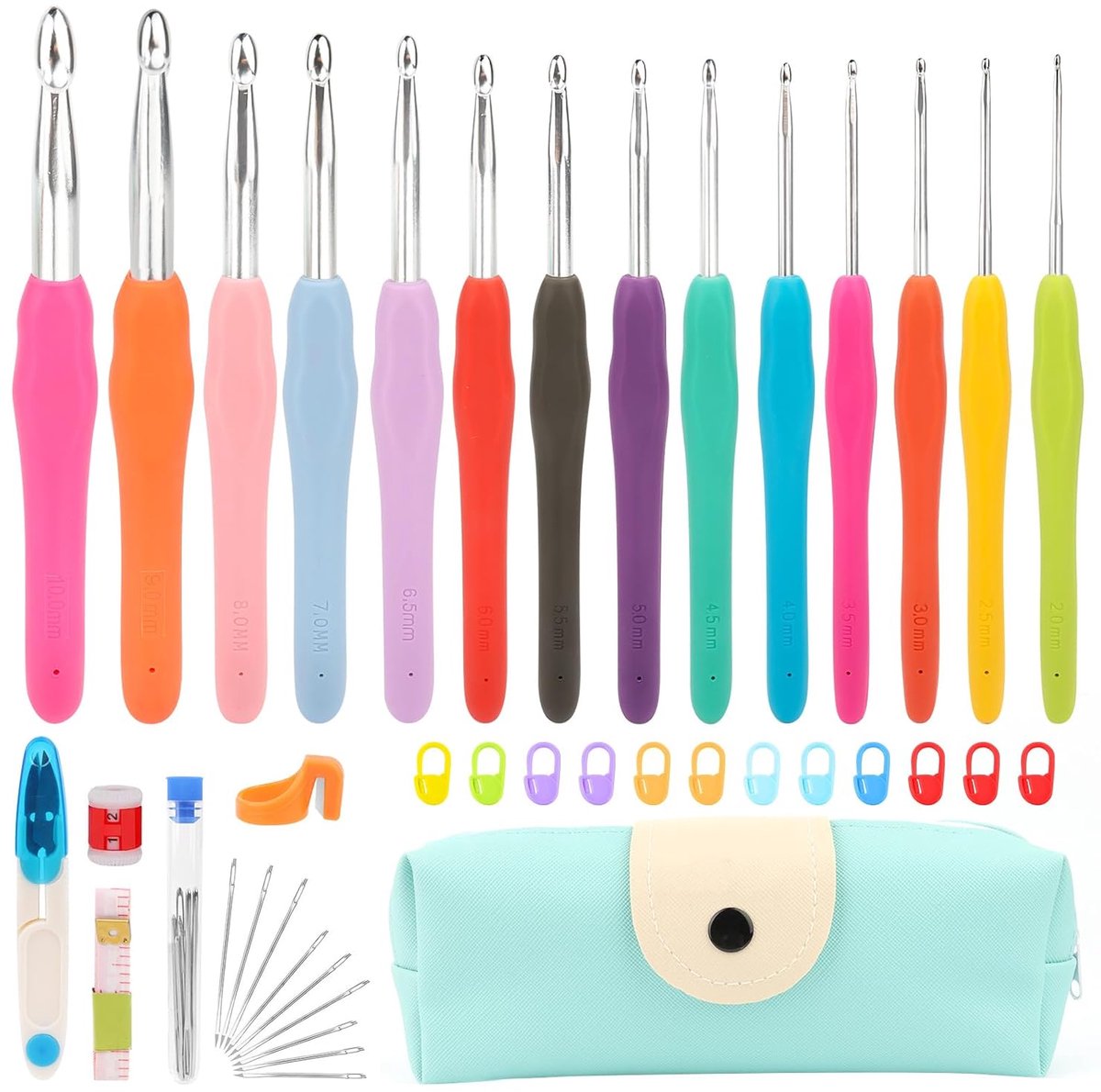 TRANKIELO® - Haaknaaldenset | 14 Ergonomische, Gekleurde Haaknaalden | Handwerken & Kunsthandwerk Kit | Ideaal als Cadeau